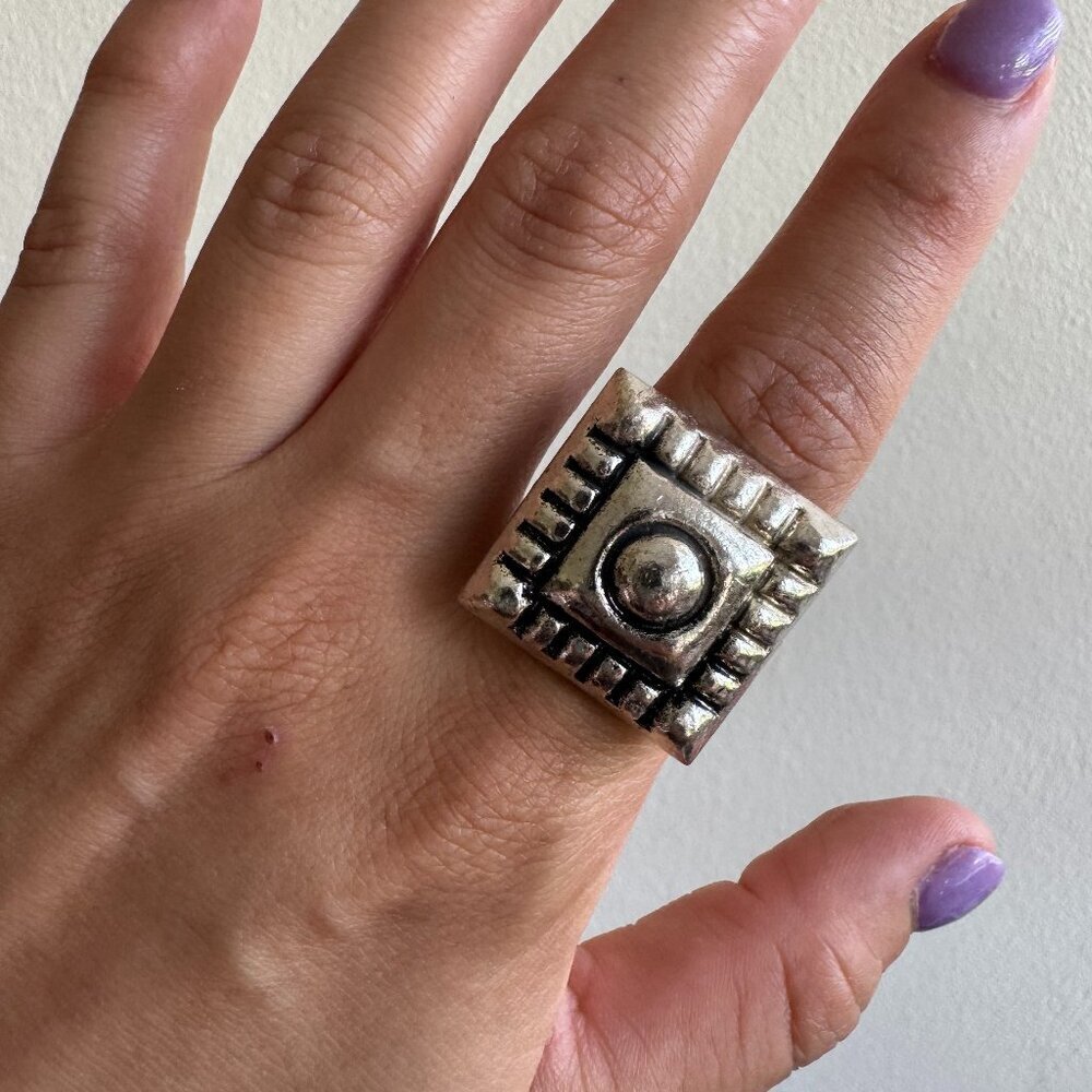 Silver Tone Square Statement Ring Geometric Design